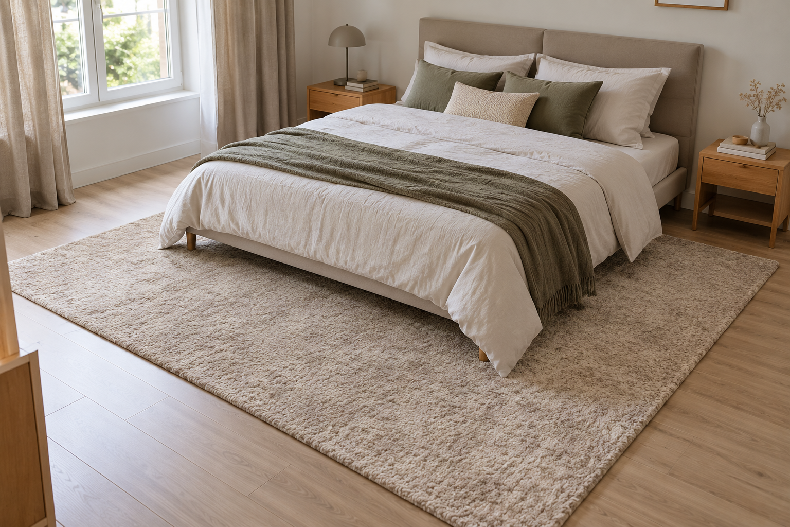 Grand tapis beige placé sous un lit dans une chambre
